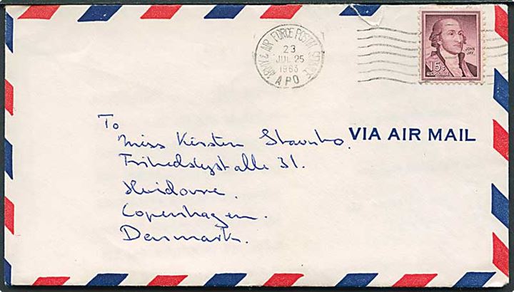 Amerikansk 15 cents John Jay på luftpostbrev stemplet Army & Air Force Postal Service APO 23 (= Thule Air Base) d. 25.7.1963 til København, Danmark.