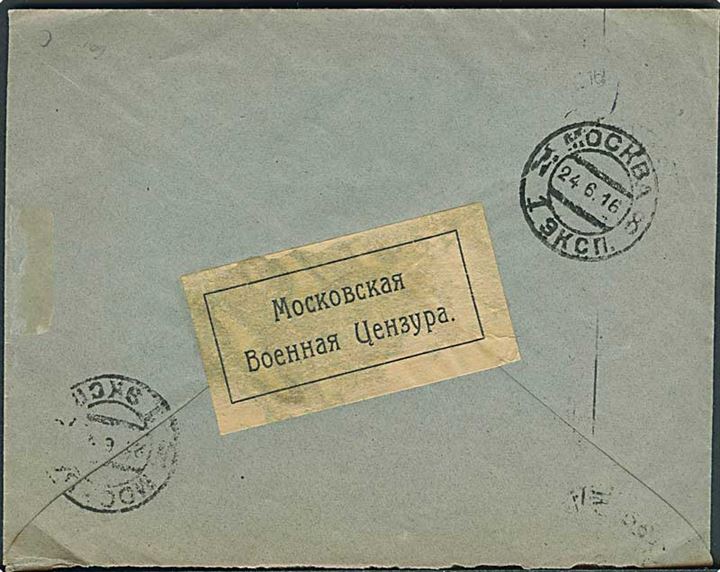 10 kop. Våben på brev fra Moskva d. 21.6.1916 til København, Danmark. Åbnet af russisk censur i Moskva.