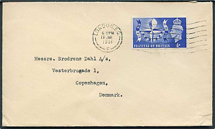4d Festival of Britain udg. på brev fra London d. 18.6.1951 til København, Danmark.