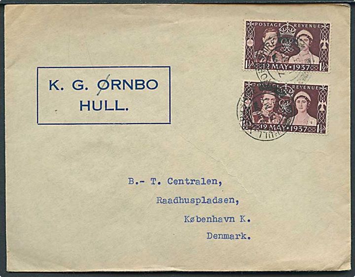 1½d Coronation i parstykke på brev fra Hull d. 13.5.1937 til København, Danmark.