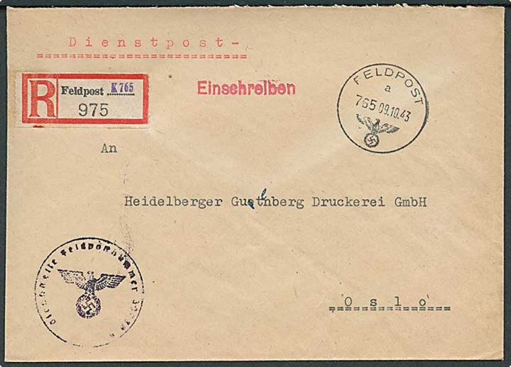 Ufrankeret anbefalet feltpostbrev stemplet Feldpost 765 d. 9.10.1943 (= Feldpostamt 930 Ballangen) til Oslo. Briefstempel Feldpost-nr. 30730A = Heeresunterkunfts-verwaltung 238 i Alta, Nordnorge.