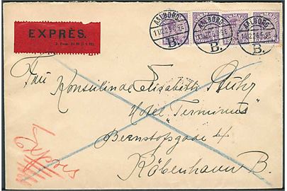 15 øre Chr. X (4) med perfin “JM.S” på fortrykt kuvert fra Jm. Stuhr sendt som 60 øre frankeret ekspresbrev fra Aalborg B. d. 11.12.1925 til København.