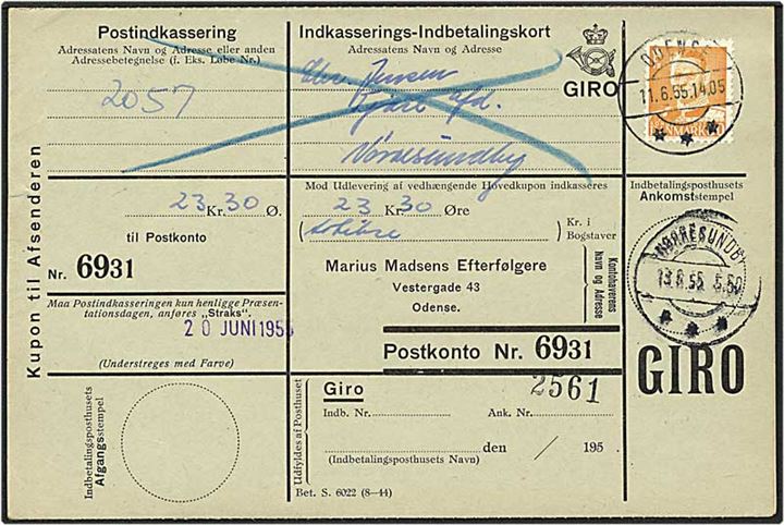 80 øre orange Fr. IX singelfrankatur på indbetalingskort fra Odense d. 11.6.1955 til Nr. Sundby.