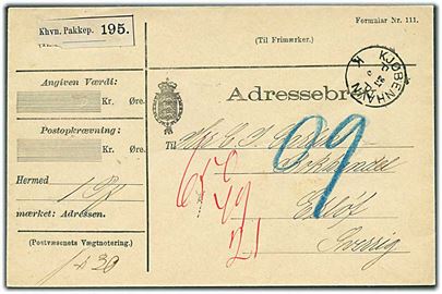 Ufrankeret adressebrev for pakke med lapidar Kjøbenhavn P P K d. 23.5.1890 via Malmö Paket til Eslöf, Sverige. Modtager har betalt portoen.