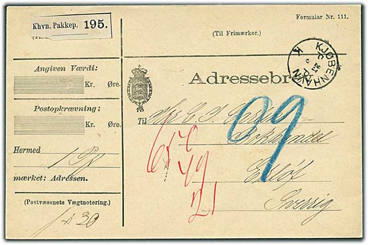 Ufrankeret adressebrev for pakke med lapidar Kjøbenhavn P P K d. 23.5.1890 via Malmö Paket til Eslöf, Sverige. Modtager har betalt portoen.