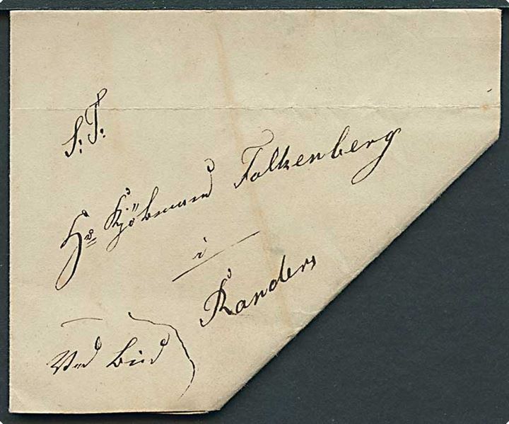 1842. Privatbefordret 3-kantet brev mærket med Bud dateret Spentrup d. 14.3.1847 til Randers. 