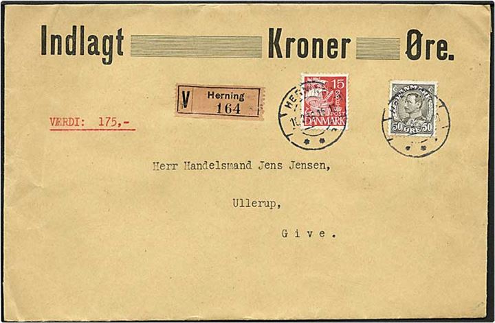 15 øre rød karavel og 50 øre grå Chr. X på værdibrev fra Herning d. 18.2.1938 til Give.