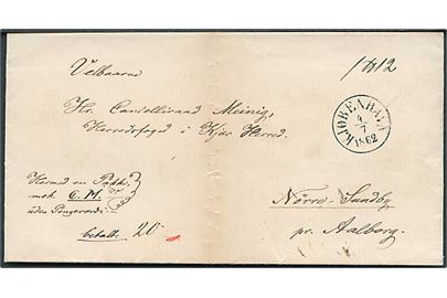 1862. Pakkefølgebrev for pakke uden pengeværdi med antiqua Kjøbenhavn d. 4.7.1862 til Nørre-Sundby pr. Aalborg. Påskrevet Betalt 20.