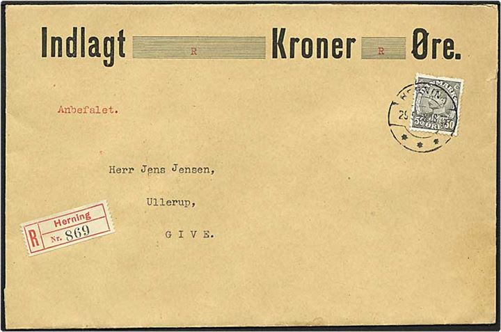 50 øre grå Chr. X på Rec. brev fra Herning d. 29.5.1938 til Give.