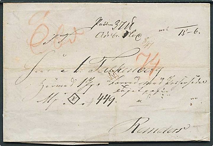1840. Pakkefølgebrev med indhold dateret Aalborg d. 3.6.1840 til Randers. Mange påtegninger. Analyse vedl.