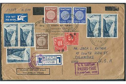 Blandingsfrankeret anbefalet luftpostbrev fra Tel Aviv 1954 til Columbus, USA. Underfrankeret med amerikansk 5 cents og 10 cents portomærker.