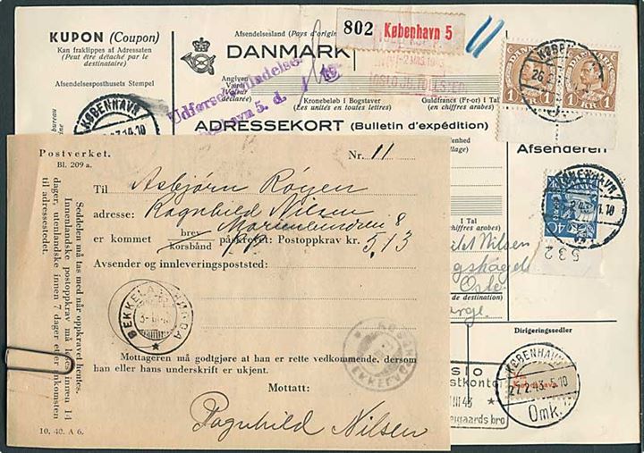 40 øre Karavel og 1 kr. Chr. X i parstykke på internationalt adressekort for pakke fra København d. 26.2.1943 til Bekkelagshøgda, Norge.