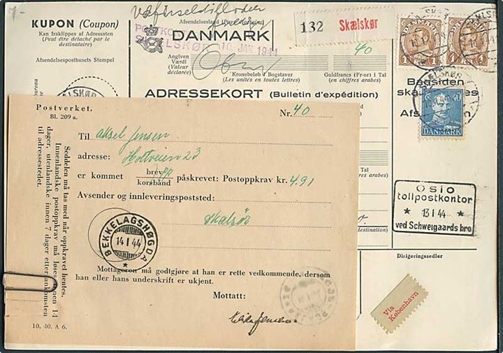 40 øre og 1 kr. (2) Chr. X på internationalt adressekort for pakke fra Skelskør d. 10.1.1944 til Bekkelagshøgda, Norge.