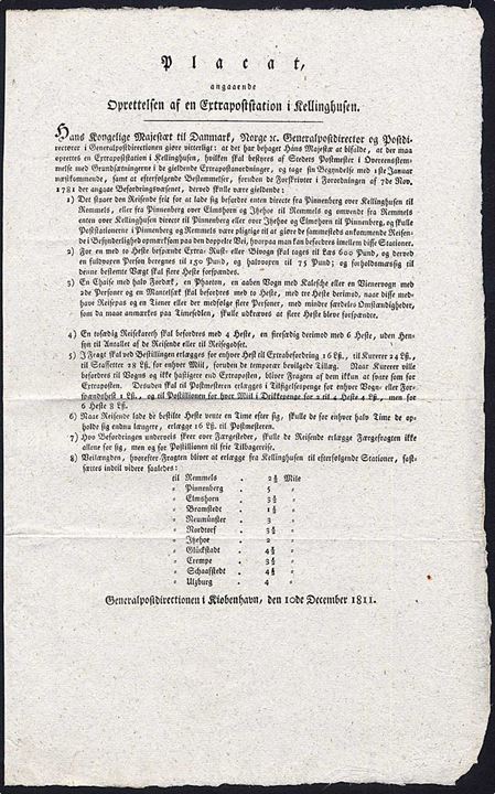 Placat angaanede Oprettelsen af en Extrapoststation i Kellinghusen. Generalpostdirectionen i Kjøbenhavn d. 10.12.1811. 2-sproget.
