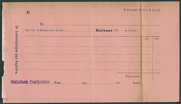 Avissag. M. Formular Nr. 27a II (1/9 12) fra Hellebæk Postkontor.