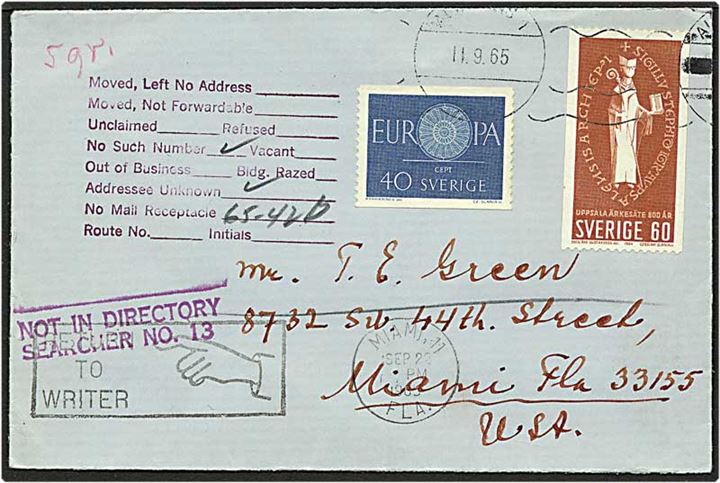 1 kr. porto på brev fra Alingsås, Sverige, til Maiami, USA. Brevet er returneret.