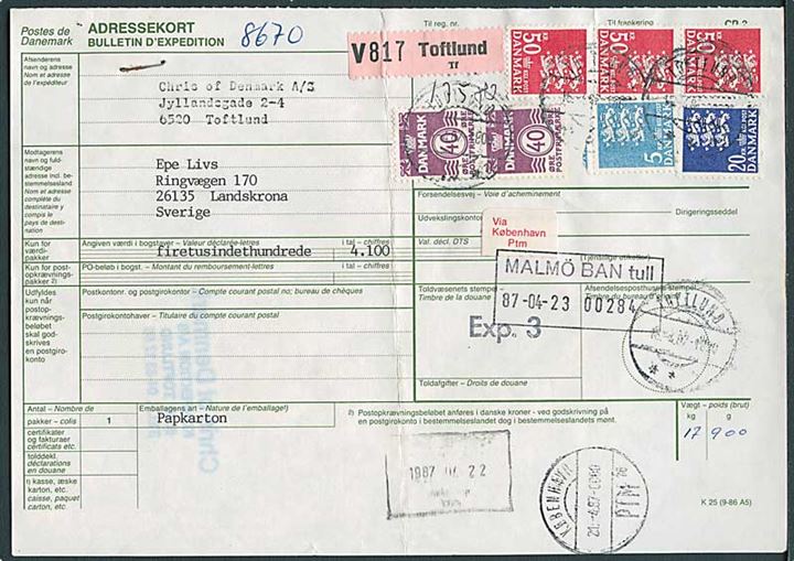 40 øre Bølgelinie (2), 5 kr., 20 kr. og 50 kr. (3) Rigsvåben på internationalt adressekort for værdipakke fra Toftlund d. 18.4.1987 til Landskrona, Sverige.