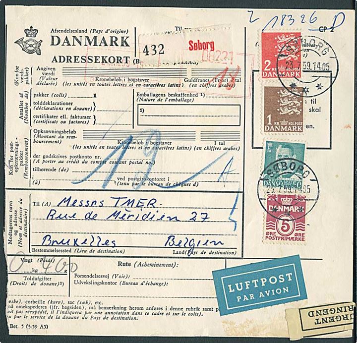5 øre Bølgelinie, 50 øre Fr. IX, 1 kr. og 2 kr. Rigsvåben på internationalt adressekort for luftpostpakke fra Søborg d. 23.7.1959 til Bruxelles, Belgien.