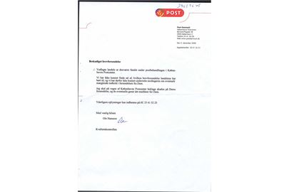 Skrivelse fra Københavns Postcenter vedr. løsdele fundet under postbehandling i Københavns Postcenter. Dateret d. 5.12.2000.