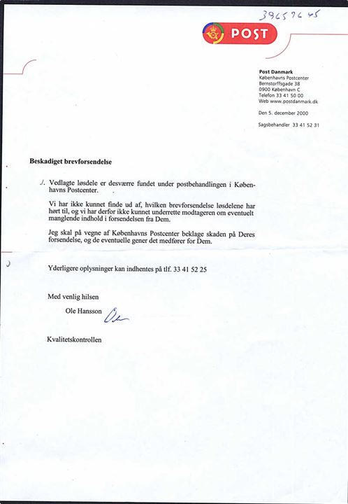Skrivelse fra Københavns Postcenter vedr. løsdele fundet under postbehandling i Københavns Postcenter. Dateret d. 5.12.2000.