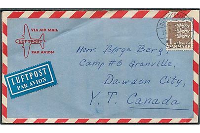 1 kr. Rigsvåben single på privat aerogram fra Brønderslev d. 29.9.1955 til dansk guldgraver i Camp #6 Granville, Dawson City, Yukon, Canada. Minen Camp #6 i Granville tilhørte Yukon Consolidated Gold Company. Interessant.