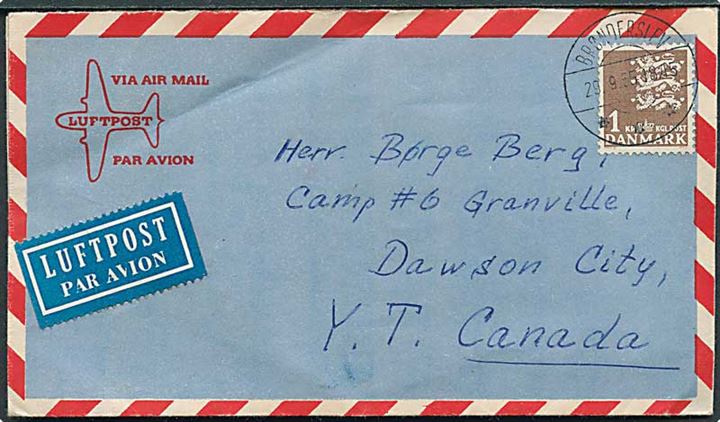 1 kr. Rigsvåben single på privat aerogram fra Brønderslev d. 29.9.1955 til dansk guldgraver i Camp #6 Granville, Dawson City, Yukon, Canada. Minen Camp #6 i Granville tilhørte Yukon Consolidated Gold Company. Interessant.