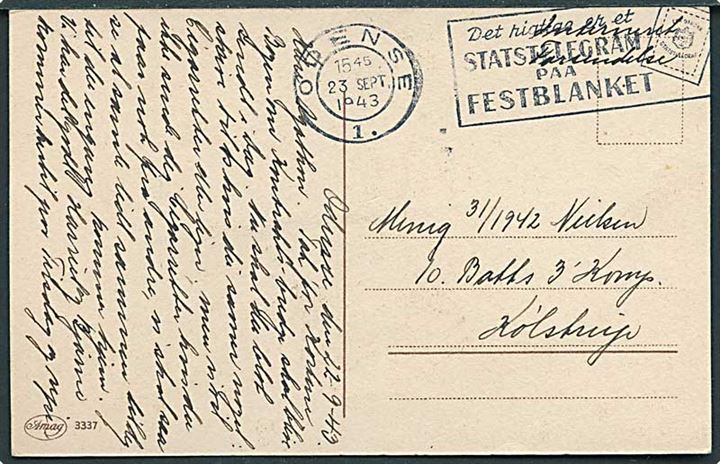 Ufrankeret interneret forsendelse brevkort fra Odense d. 23.9.1943 til interneret soldat fra 10. Batl. 3. Komp. på Ulriksholm pr. Kølstrup. Lille interneringssted.