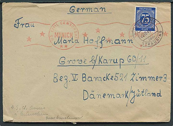 Tysk 75 pfg. Ciffer på brev fra Gundhoring über Straubing d. 22.10.1946 til flygtningelejr 60/11 i Grove pr. Karup, Danmark. Amerikansk efterkrigscensur fra München. Bagklap mgl.