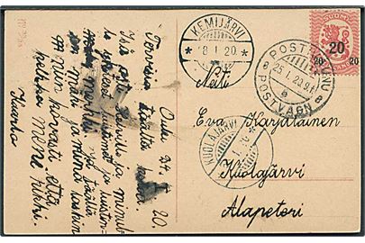 20/10 pen. Provisorium på brevkort fra Oulu d. 27.1.1920 annulleret med bureaustempel Postvagn 8 d. 25.1.1920 via Kemijärvi til Kuolajärvi. Ank.stemplet med udslebet stempel Kuolajärvi d. 30.1.1920. Interessant indgående forsendelse til Salla-Kuusamo området som efter 2. verdenskrig blev afstået til USSR.