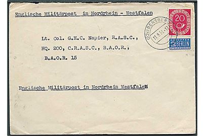 20 pfg. Posthorn og 2 pfg. Berlin Notopfer på brev fra Bensberg d. 11.9.1951 til britisk officer ved Hq 200 CRASC BAOR 15. Transit stemplet med britisk feltpost stempel Field Post Office 508.
