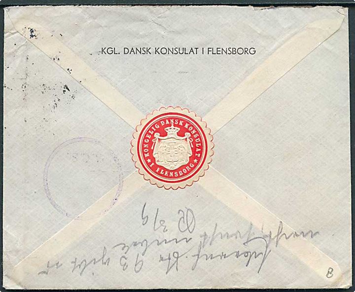 20 pfg. Brandenburger Tor og 2 pfg. Berlin Notopfer på brev fra danske Konsulat i Flensburg d. 30.4.1949 til Rendsburg. Retur som ubekendt.