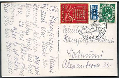 10 pfg. Posthorn og 2 pfg. Berlin Notopfer, samt udstillingsmærkat på brevkort annulleret med særstempel fra Karlsruhe Vervaltungsleiter Deutscher Krankenanstalten d. 7.6.1952 til Dortmund. Fold.