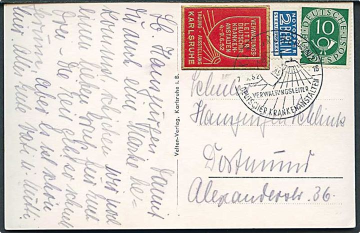 10 pfg. Posthorn og 2 pfg. Berlin Notopfer, samt udstillingsmærkat på brevkort annulleret med særstempel fra Karlsruhe Vervaltungsleiter Deutscher Krankenanstalten d. 7.6.1952 til Dortmund. Fold.