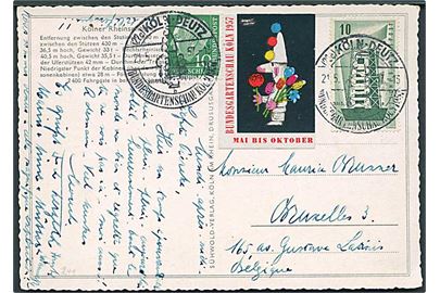 10 pfg. Europa, 10 pfg. Heuss og Bundesgartenschau 1957 mærkat på brevkort annulleret med særstempel fra Köln d. 21.5.1957 til Bruxelles, Belgien.