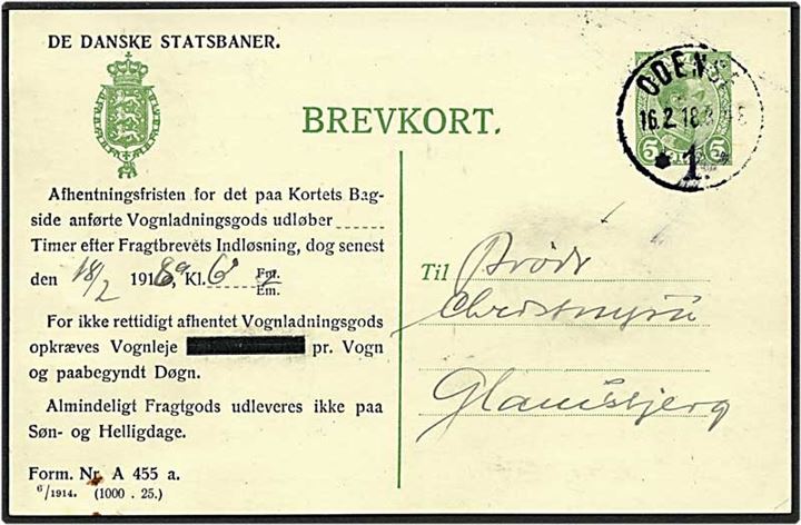 5 øre grøn Chr. X enkeltbrevkort fra Odense d. 16.2.1818 til Glamsbjerg. Odense / D.S.B. - J.F. ovalstempel.