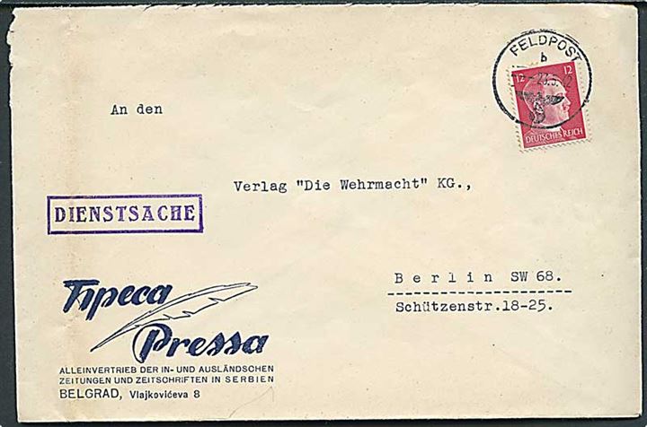 12 pfg. Hitler på fortrykt kuvert fra Belgrad, Serbien stemplet Feldpost b d. 23.5.1942 til Berlin. Rammestempel Dienstsache.