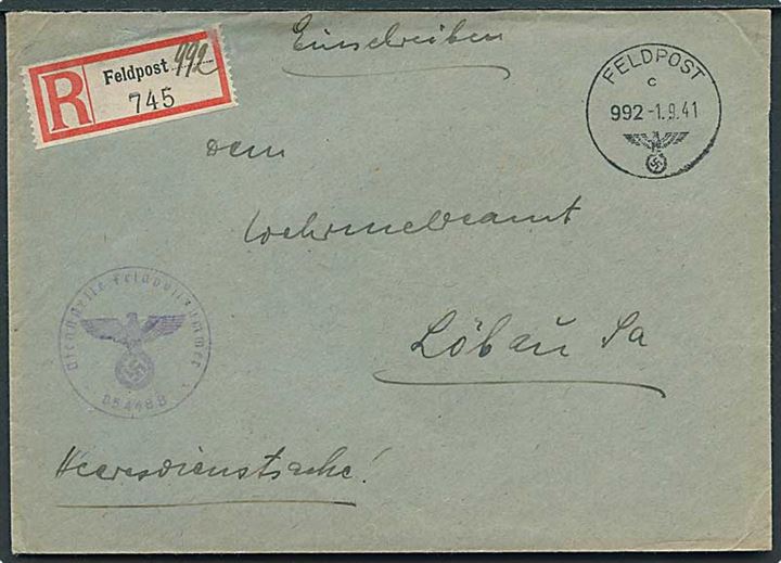Ufrankeret anbefalet feltpostbrev stemplet Feldpost 992 d. 1.9.1941 til Löbau, Tyskland. Briefstempel Dienststelle Feldpostnummer 05448B = 5. Kompanie Infanterie-Regiment 190 på Østfronten.