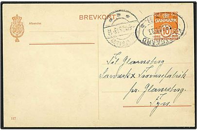 10 øre orange bølgelinie enkeltbrevkort fra Kvistgaard d. 4.10.1935 til Glamsbjerg. Kvistgaard / D.S.B. ovalstempel.