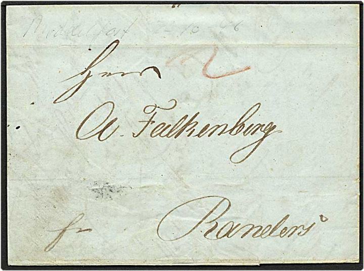 Præfil brev fra Middelfart d. 2.10.1846 til Randers. Påskrevet 2 med rødkridt.
