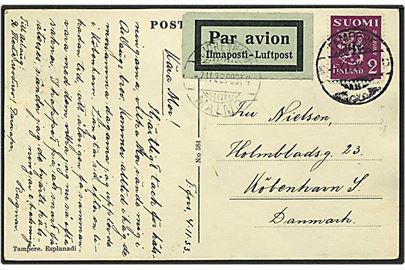 2 mark lilla løvemærke på luftpost postkort fra Tampere, Finland, d. 4.11.1933 til København. København / Malmø bureaustempel.