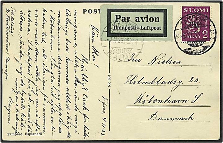 2 mark lilla løvemærke på luftpost postkort fra Tampere, Finland, d. 4.11.1933 til København. København / Malmø bureaustempel.