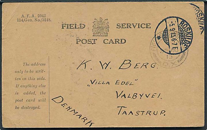 Ufrankeret fortrykt feltpostkort stemplet Field Post Office DX (= 1st. Canadian Division) d. 28.8.1915 (= Ploegsteert, Frankrig) til Taastrup, Danmark. Transit stemplet Roskilde d. 5.9.1915. 