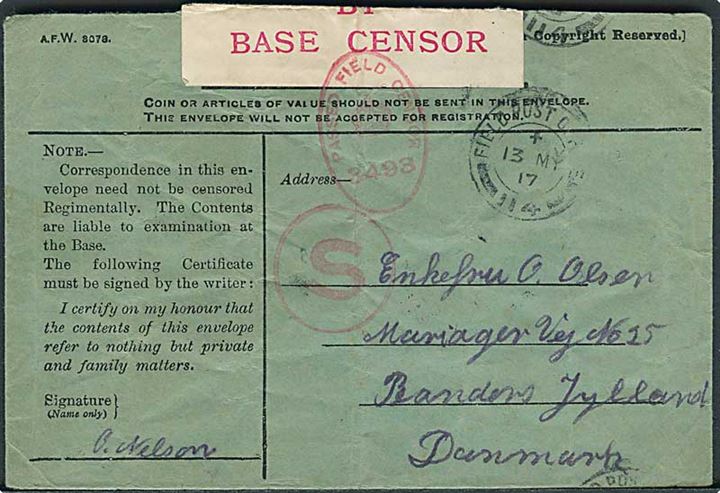 Ufrankeret fortrykt honour-envelope stemplet Field Post Office 114 (= 147th Brigade, 49th (West Riding) Division) d. 13.5.1917 til Randers, Danmark. Fra dansker i britisk tjeneste åbnet af base-censur med rødt S stempel for post til neutrale lande.