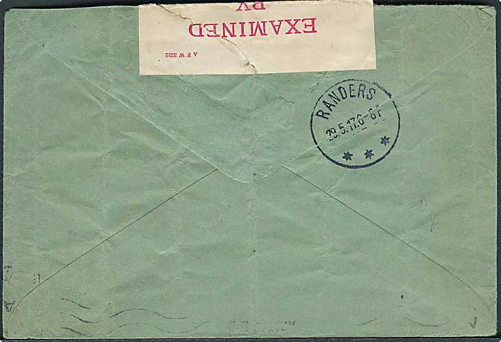 Ufrankeret fortrykt honour-envelope stemplet Field Post Office 114 (= 147th Brigade, 49th (West Riding) Division) d. 13.5.1917 til Randers, Danmark. Fra dansker i britisk tjeneste åbnet af base-censur med rødt S stempel for post til neutrale lande.