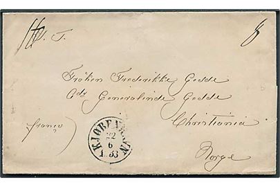 1853. Francobrev med antiqua Kjøbenhavn d. 22.6.1853 til Christiania, Norge. Påskrevet 8 i højre hjørne.