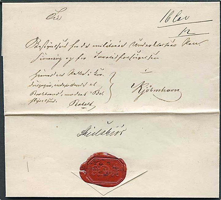 1857. Pakkefølgebrev med indhold dateret Holsteinsborg d. 25.3.1857 for pakke på 16 lod mærket Betalt med håndskrevet bynavn Skielskiør på bagsiden. Næsten identisk med brev vist hos Vagn Jensen.