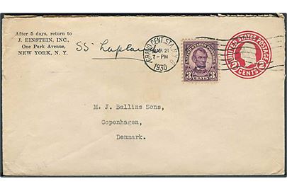 2 cents helsagskuvert opfrankeret med 3 cents Lincoln fra New York d. 21.3.1930 til København, Danmark. Påskrevet skibsnavn: S.S. Lapland.