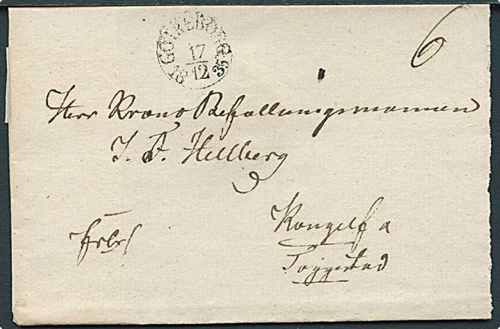1835. Fribrev med bågstempel Göteborg d. 17.12.1835 til Kungelf. Laksegl på bagsiden.