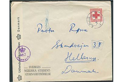 20 öre Røde Kors på brev fra Åhus d. 14.7.1945 til Hellerup, Danmark. Åbnet af dansk efterkrigscensur med stempel (krone)/467/Danmark.