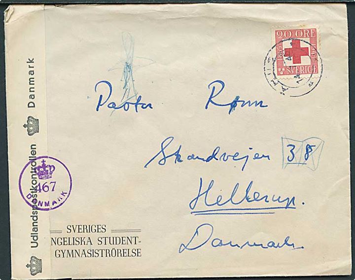 20 öre Røde Kors på brev fra Åhus d. 14.7.1945 til Hellerup, Danmark. Åbnet af dansk efterkrigscensur med stempel (krone)/467/Danmark.